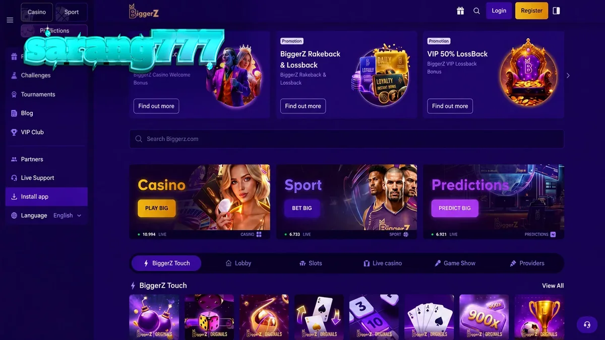 Antarmuka platform taruhan BiggerZ dengan navigasi yang bersih dan modern